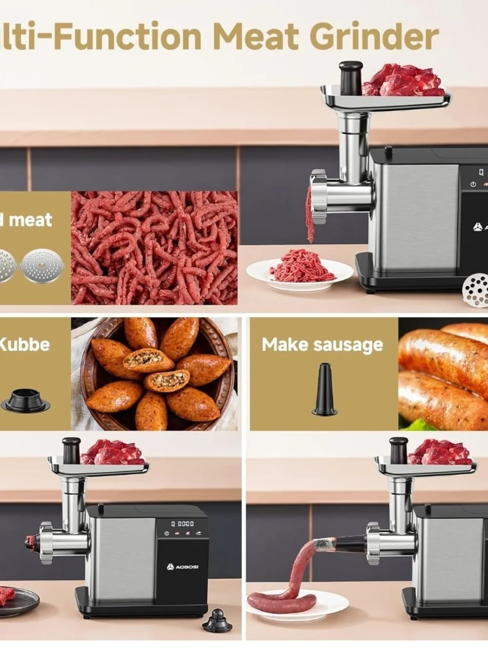 AAOBOSI Electric Meat Grinder 3000W Touch Screen Auto Reverse Sausage Maker